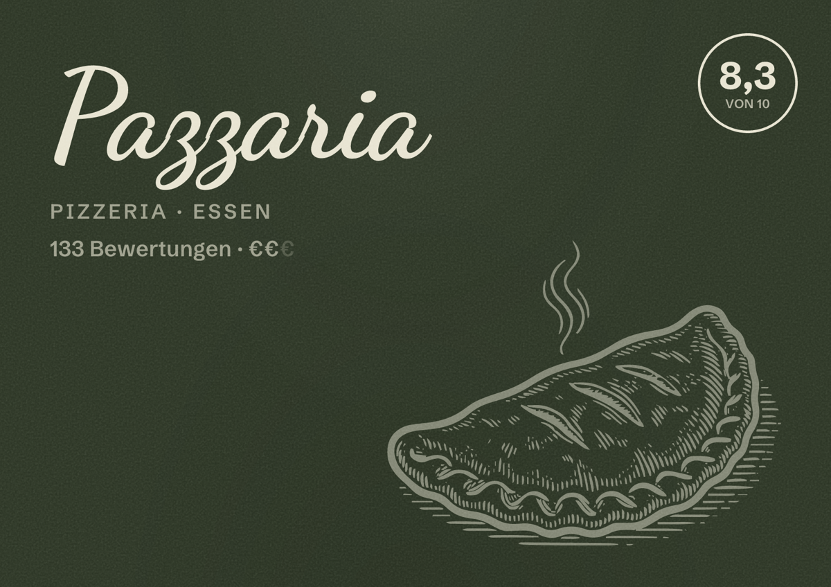 Illustriertes Poster von Pazzaria, Pizzeria in Essen: Bewertung 8,3 von 10 aus 133 Bewertungen, Preisniveau €€