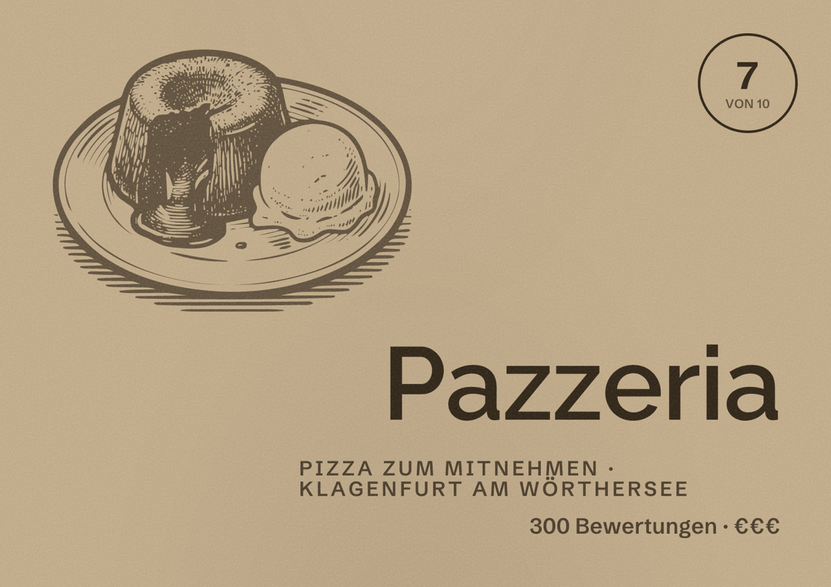 Illustriertes Poster von Pazzeria, Pizza zum Mitnehmen in Klagenfurt am Wörthersee: Bewertung 7 von 10 aus 300 Bewertungen, Preisniveau €€€