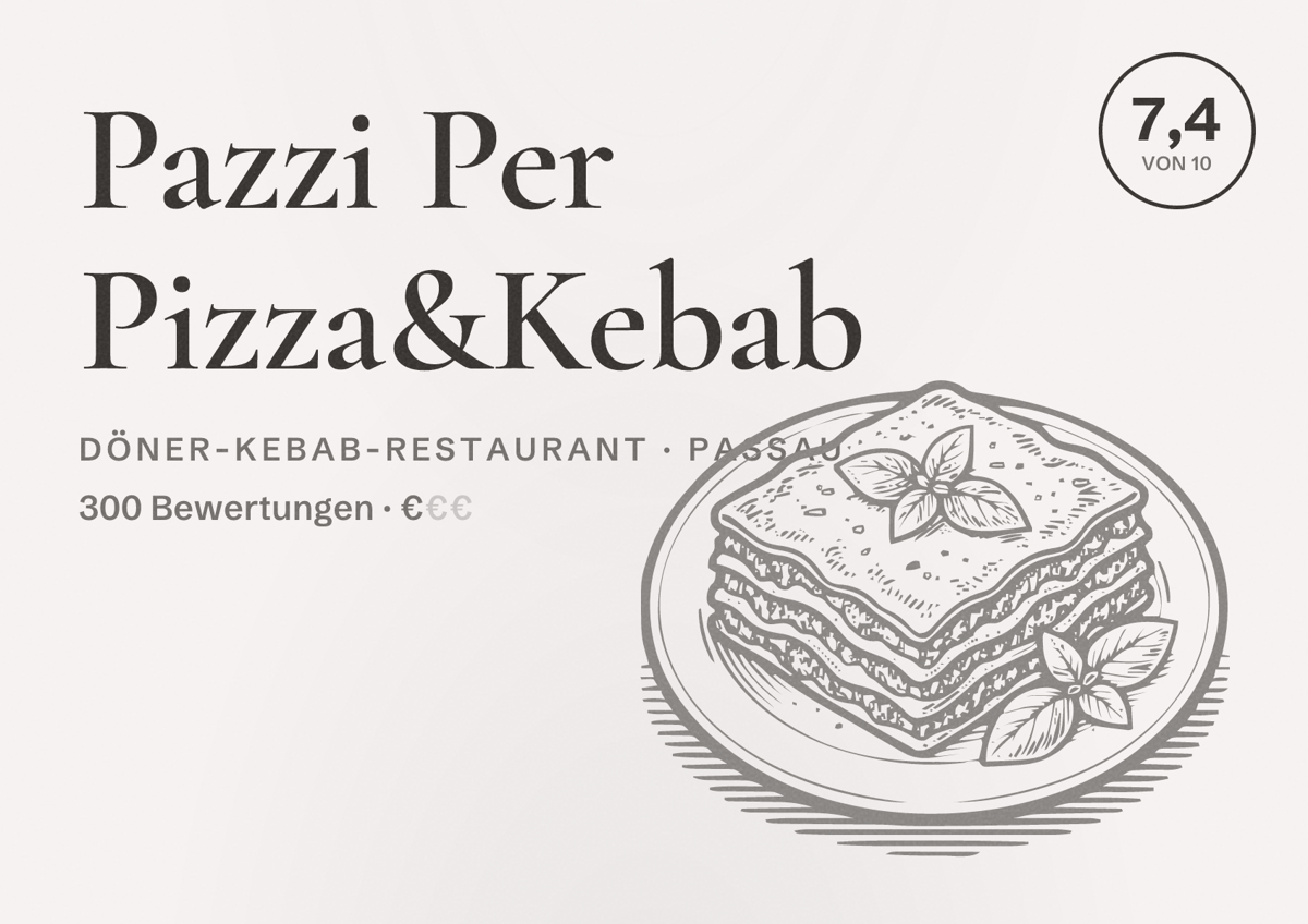 Illustriertes Poster von Pazzi Per Pizza&Kebab, Döner-Kebab-Restaurant in Passau: Bewertung 7,4 von 10 aus 300 Bewertungen, Preisniveau €