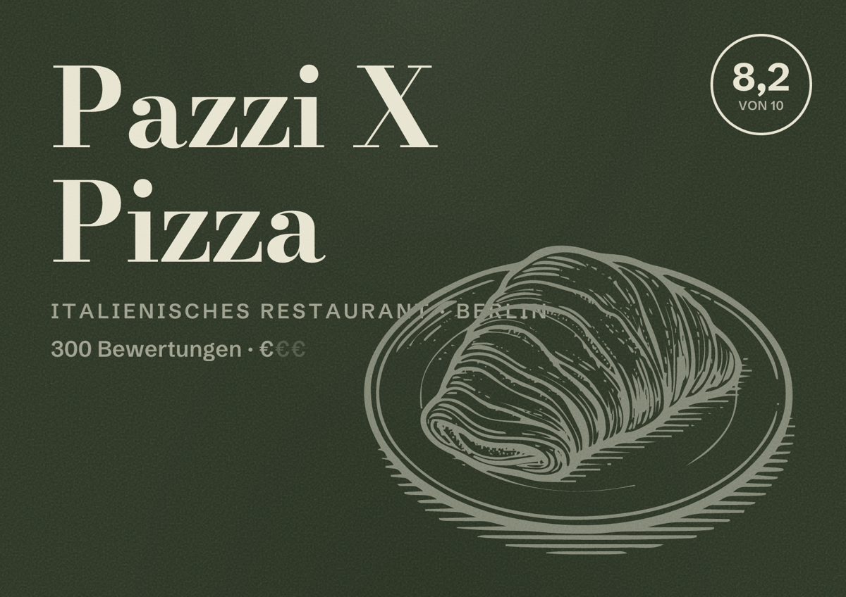 Illustriertes Poster von Pazzi X Pizza, Italienisches Restaurant in Berlin: Bewertung 8,2 von 10 aus 300 Bewertungen, Preisniveau €