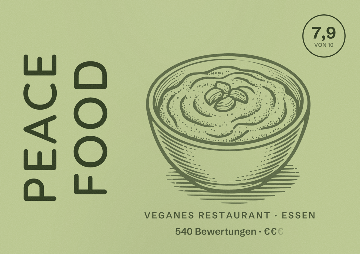 Illustriertes Poster von Peace Food, Veganes Restaurant in Essen: Bewertung 7,9 von 10 aus 540 Bewertungen, Preisniveau €€