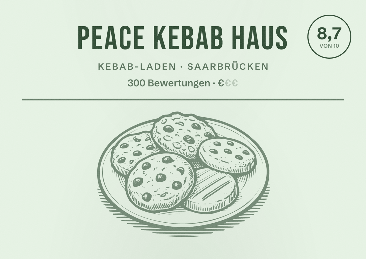 Illustriertes Poster von Peace Kebab Haus, Kebab-Laden in Saarbrücken: Bewertung 8,7 von 10 aus 300 Bewertungen, Preisniveau €