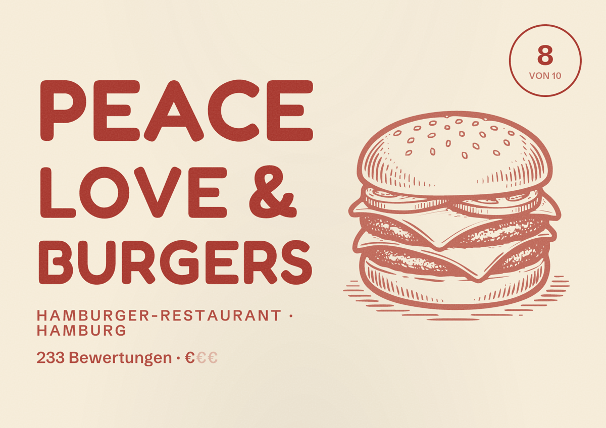 Illustriertes Poster von PEACE LOVE & BURGERS, Hamburger-Restaurant in Hamburg: Bewertung 8,0 von 10 aus 233 Bewertungen, Preisniveau €