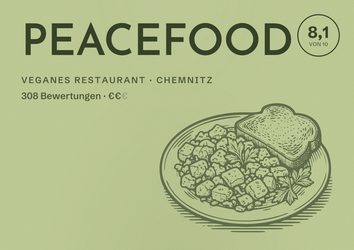 Illustriertes Poster von PEACEFOOD, Veganes Restaurant in Chemnitz: Bewertung 8,1 von 10 aus 308 Bewertungen, Preisniveau €€