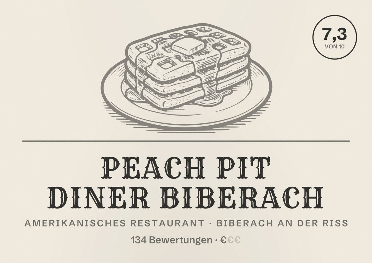 Illustriertes Poster von Peach Pit Diner Biberach, Amerikanisches Restaurant in Biberach an der Riß: Bewertung 7,3 von 10 aus 134 Bewertungen, Preisniveau €