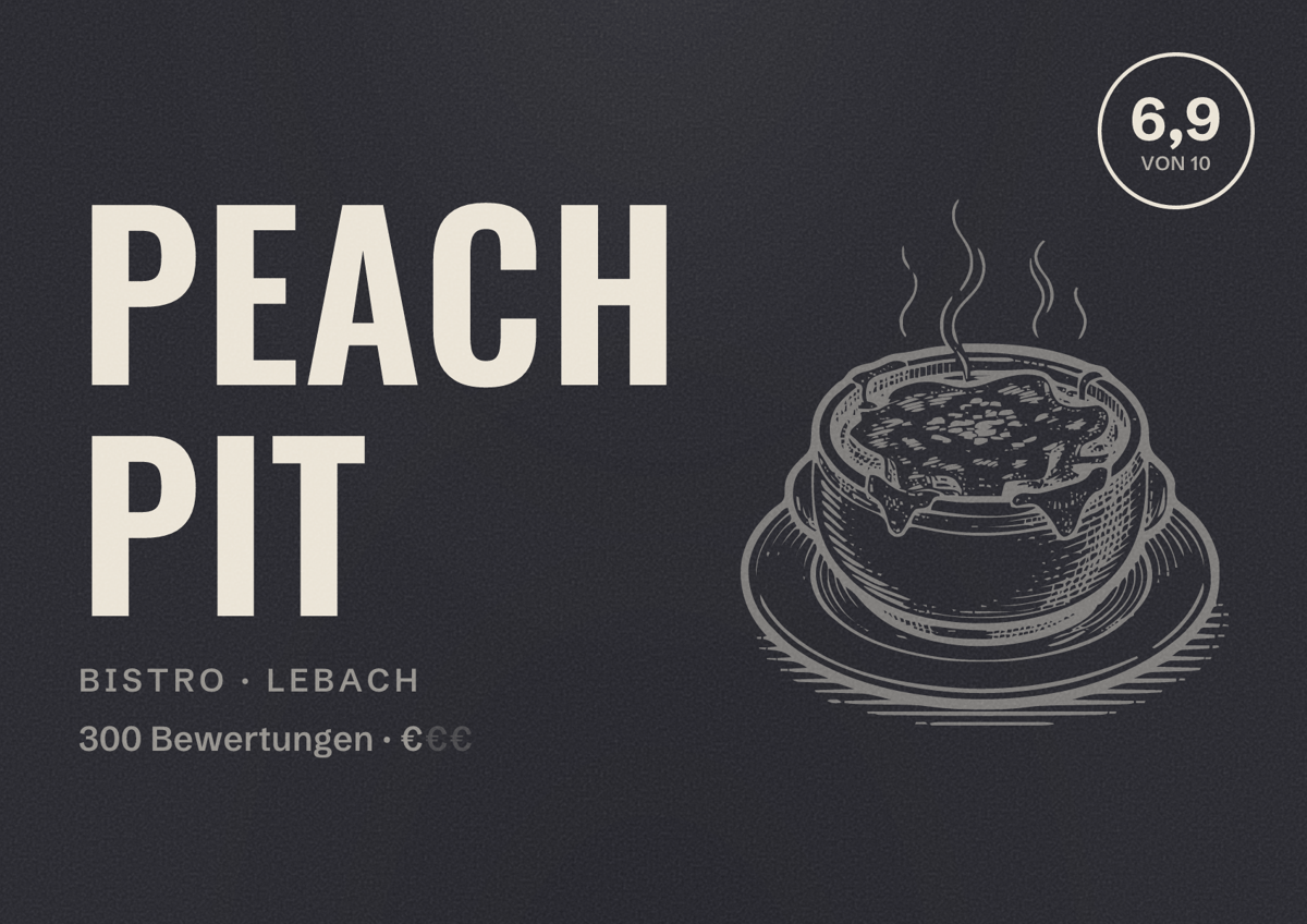 Illustriertes Poster von Peach Pit, Bistro in Lebach: Bewertung 6,9 von 10 aus 300 Bewertungen, Preisniveau €