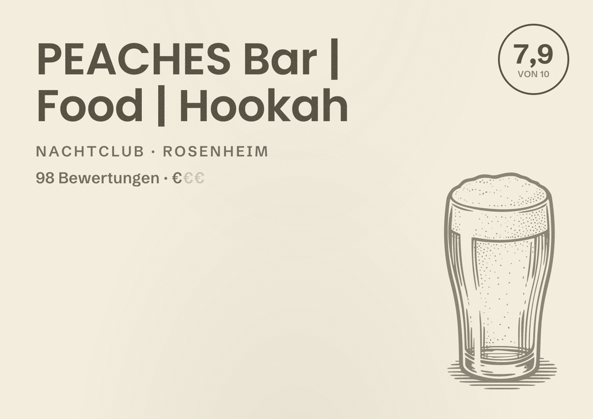 Illustriertes Poster von PEACHES Bar | Food | Hookah, Nachtclub in Rosenheim: Bewertung 7,9 von 10 aus 98 Bewertungen, Preisniveau €
