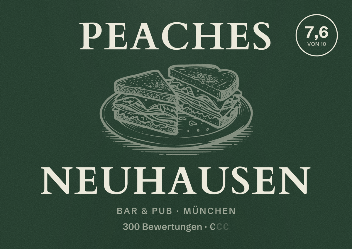 Illustriertes Poster von Peaches Neuhausen, Bar & Pub in München: Bewertung 7,6 von 10 aus 300 Bewertungen, Preisniveau €