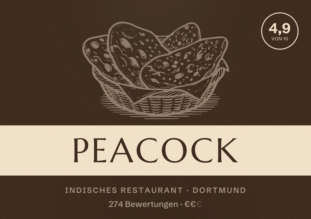 Illustriertes Poster von PEACOCK, Indisches Restaurant in Dortmund: Bewertung 4,9 von 10 aus 274 Bewertungen, Preisniveau €€