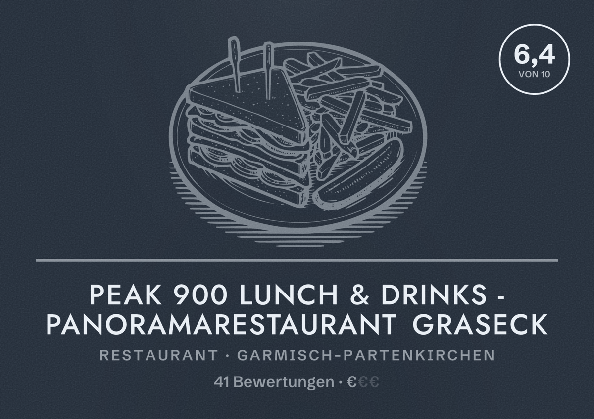 Illustriertes Poster von PEAK 900 lunch & drinks - Panoramarestaurant Graseck, Restaurant in Garmisch-Partenkirchen: Bewertung 6,4 von 10 aus 41 Bewertungen, Preisniveau €