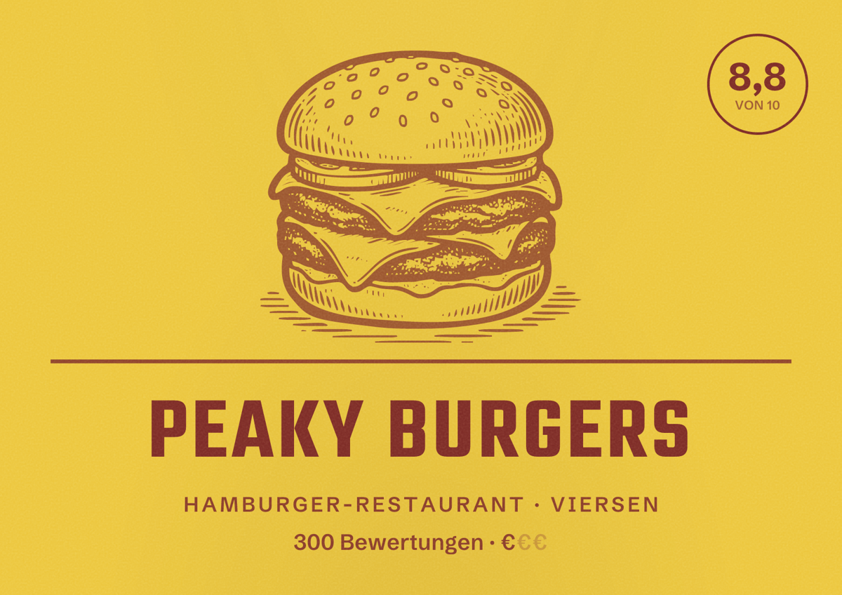 Illustriertes Poster von Peaky Burgers, Hamburger-Restaurant in Viersen: Bewertung 8,8 von 10 aus 300 Bewertungen, Preisniveau €