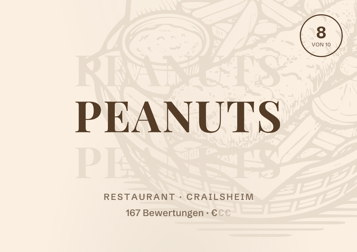 Illustriertes Poster von Peanuts, Restaurant in Crailsheim: Bewertung 8 von 10 aus 167 Bewertungen, Preisniveau €
