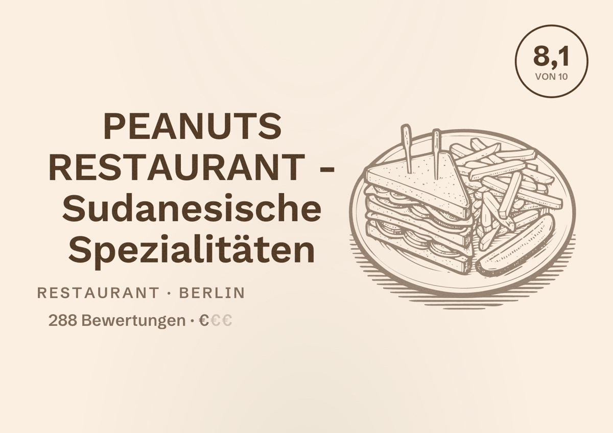 Illustriertes Poster von PEANUTS RESTAURANT - Sudanesische Spezialitäten, Restaurant in Berlin: Bewertung 8,1 von 10 aus 288 Bewertungen, Preisniveau €