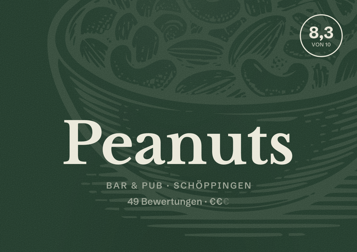 Illustriertes Poster von Peanuts, Bar & Pub in Schöppingen: Bewertung 8,3 von 10 aus 49 Bewertungen, Preisniveau €€