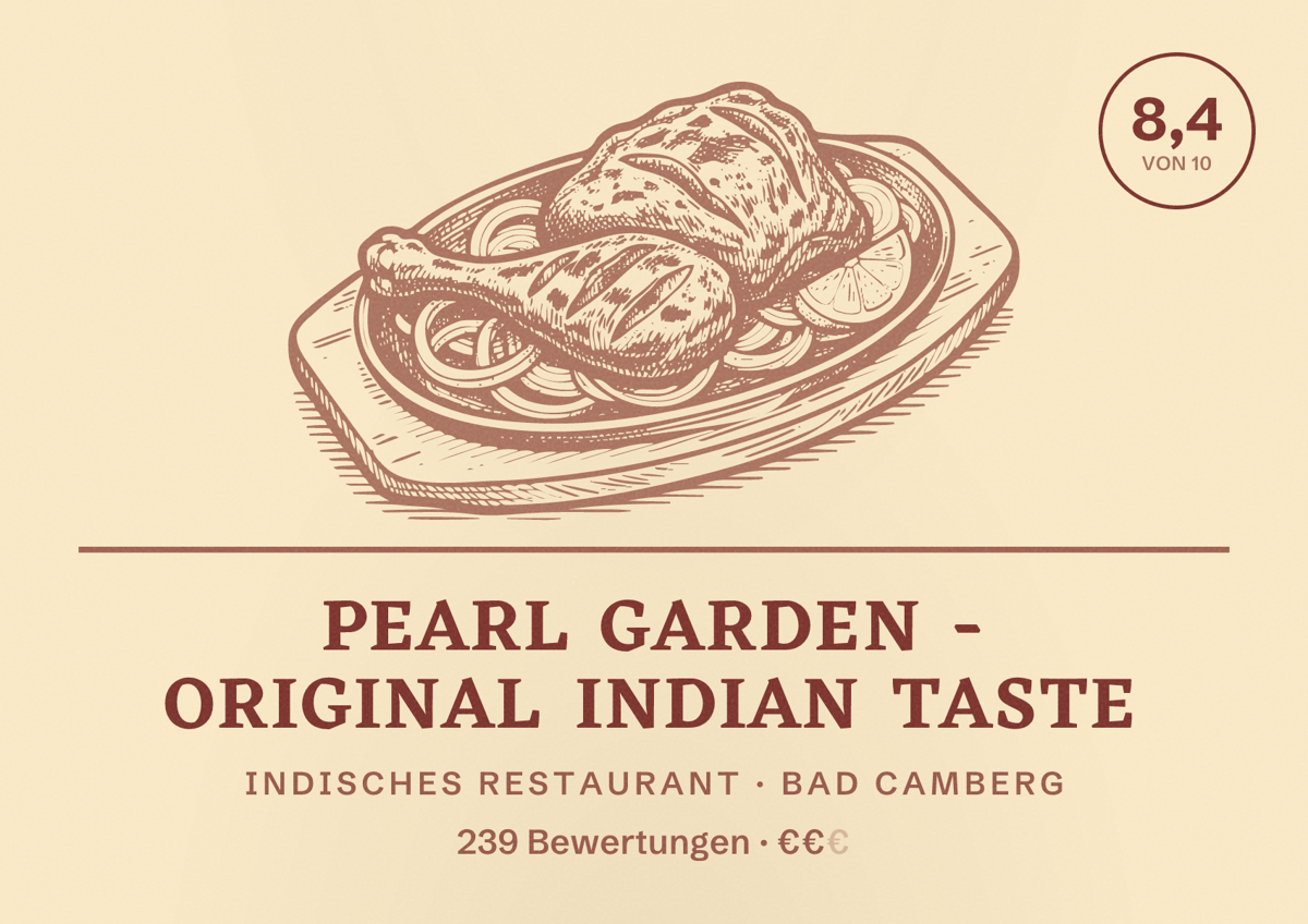 Illustriertes Poster von Pearl Garden - Original Indian Taste, Indisches Restaurant in Bad Camberg: Bewertung 8,4 von 10 aus 239 Bewertungen, Preisniveau €€
