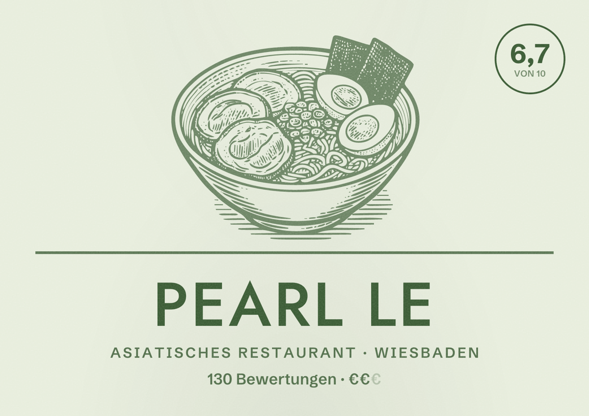 Illustriertes Poster von Pearl Le, Asiatisches Restaurant in Wiesbaden: Bewertung 6,7 von 10 aus 130 Bewertungen, Preisniveau €€