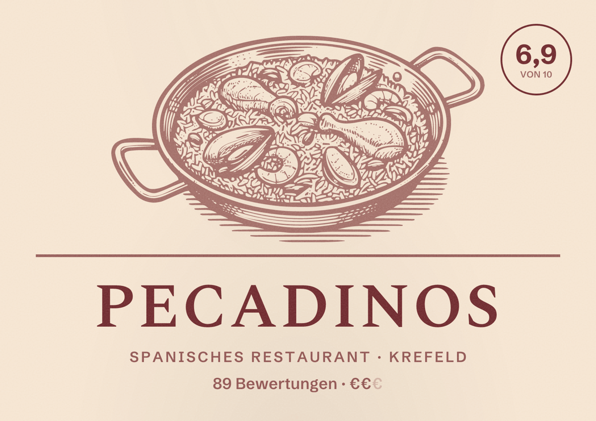 Illustriertes Poster von Pecadinos, Spanisches Restaurant in Krefeld: Bewertung 6,9 von 10 aus 89 Bewertungen, Preisniveau €€