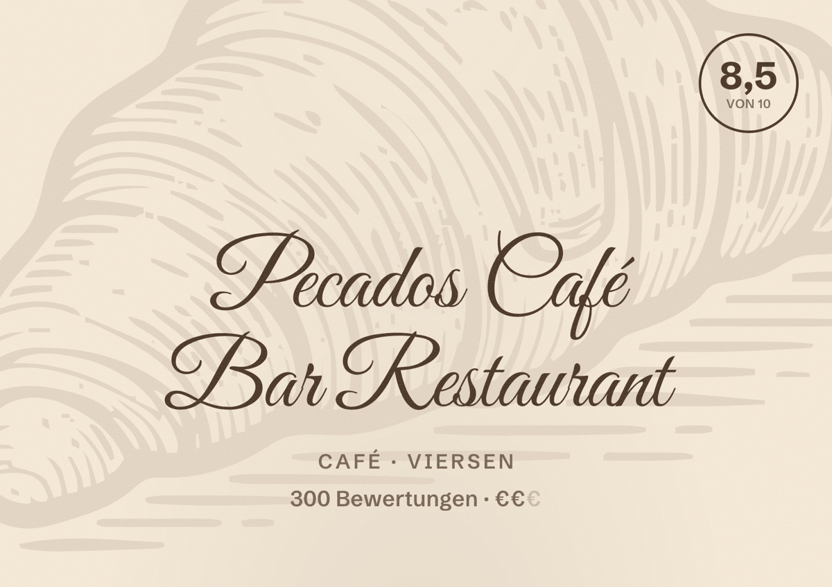 Illustriertes Poster von Pecados Café Bar Restaurant, Café in Viersen: Bewertung 8,5 von 10 aus 300 Bewertungen, Preisniveau €€
