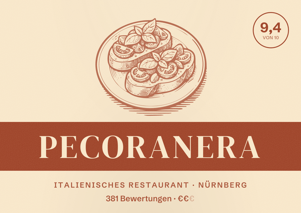 Illustriertes Poster von Pecoranera, Italienisches Restaurant in Nürnberg: Bewertung 9,4 von 10 aus 381 Bewertungen, Preisniveau €€