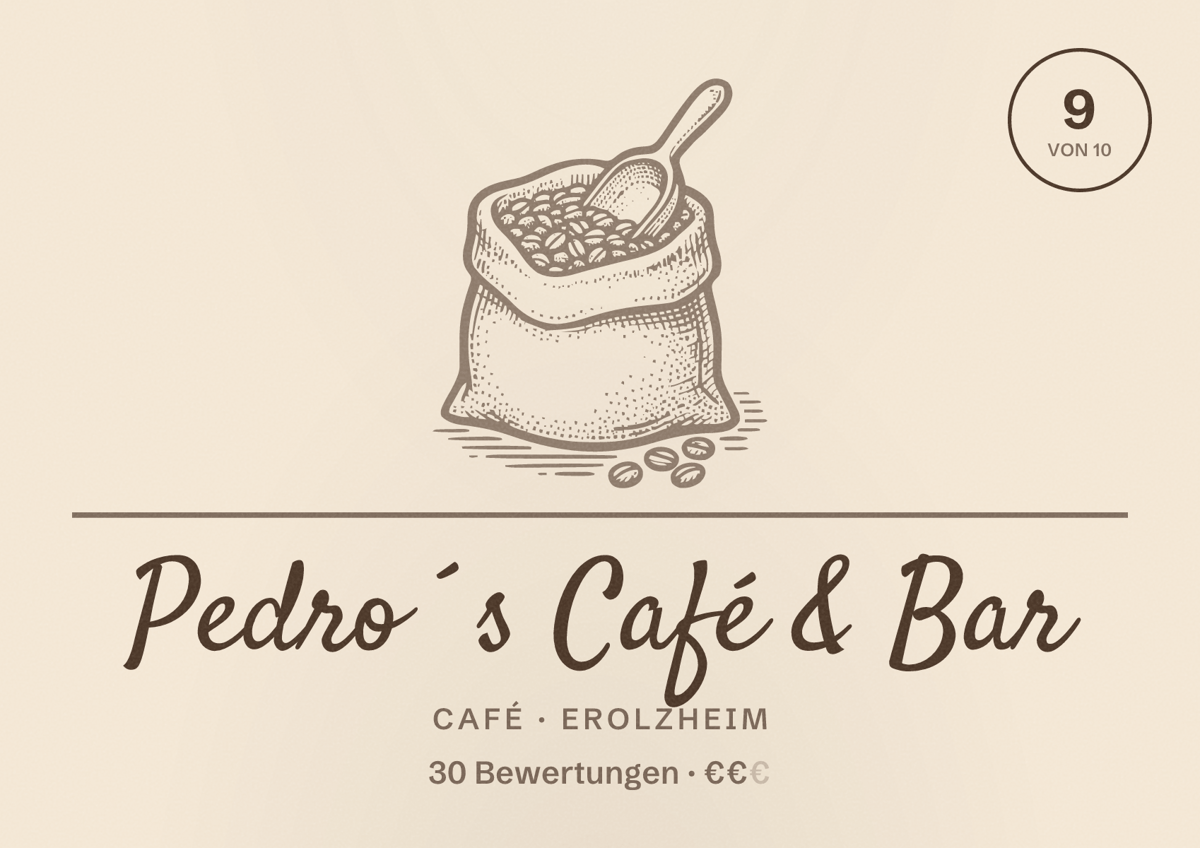 Illustriertes Poster von Pedro´s Café & Bar, Café in Erolzheim: Bewertung 9 von 10 aus 30 Bewertungen, Preisniveau €€