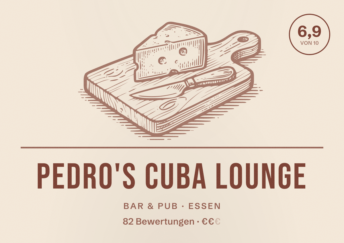 Illustriertes Poster von Pedro's Cuba Lounge, Bar & Pub in Essen: Bewertung 6,9 von 10 aus 82 Bewertungen, Preisniveau €€