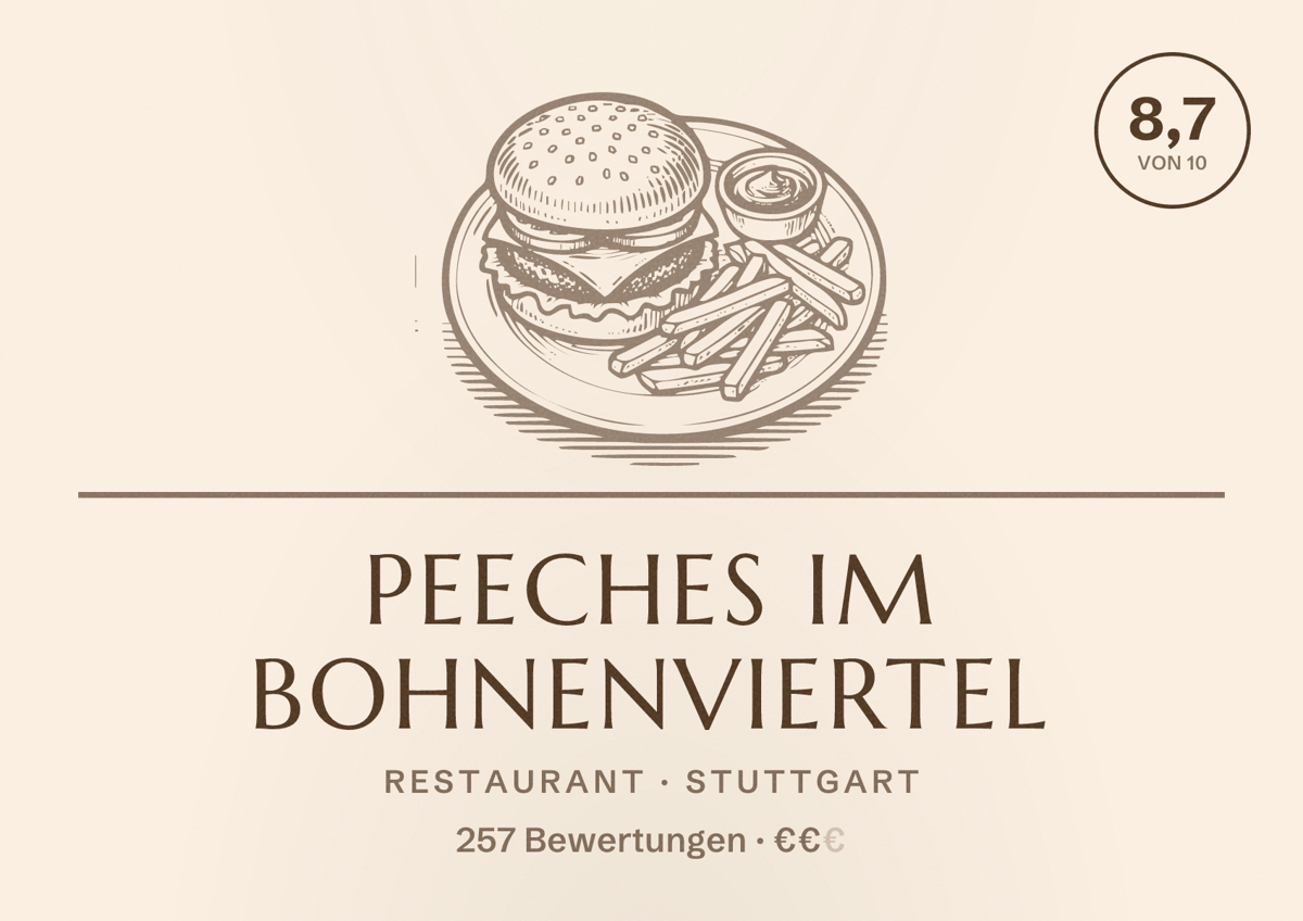 Illustriertes Poster von Peeches im Bohnenviertel, Restaurant in Stuttgart: Bewertung 8,7 von 10 aus 257 Bewertungen, Preisniveau €€