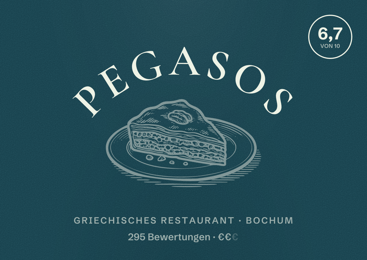 Illustriertes Poster von Pegasos, Griechisches Restaurant in Bochum: Bewertung 6,7 von 10 aus 295 Bewertungen, Preisniveau €€