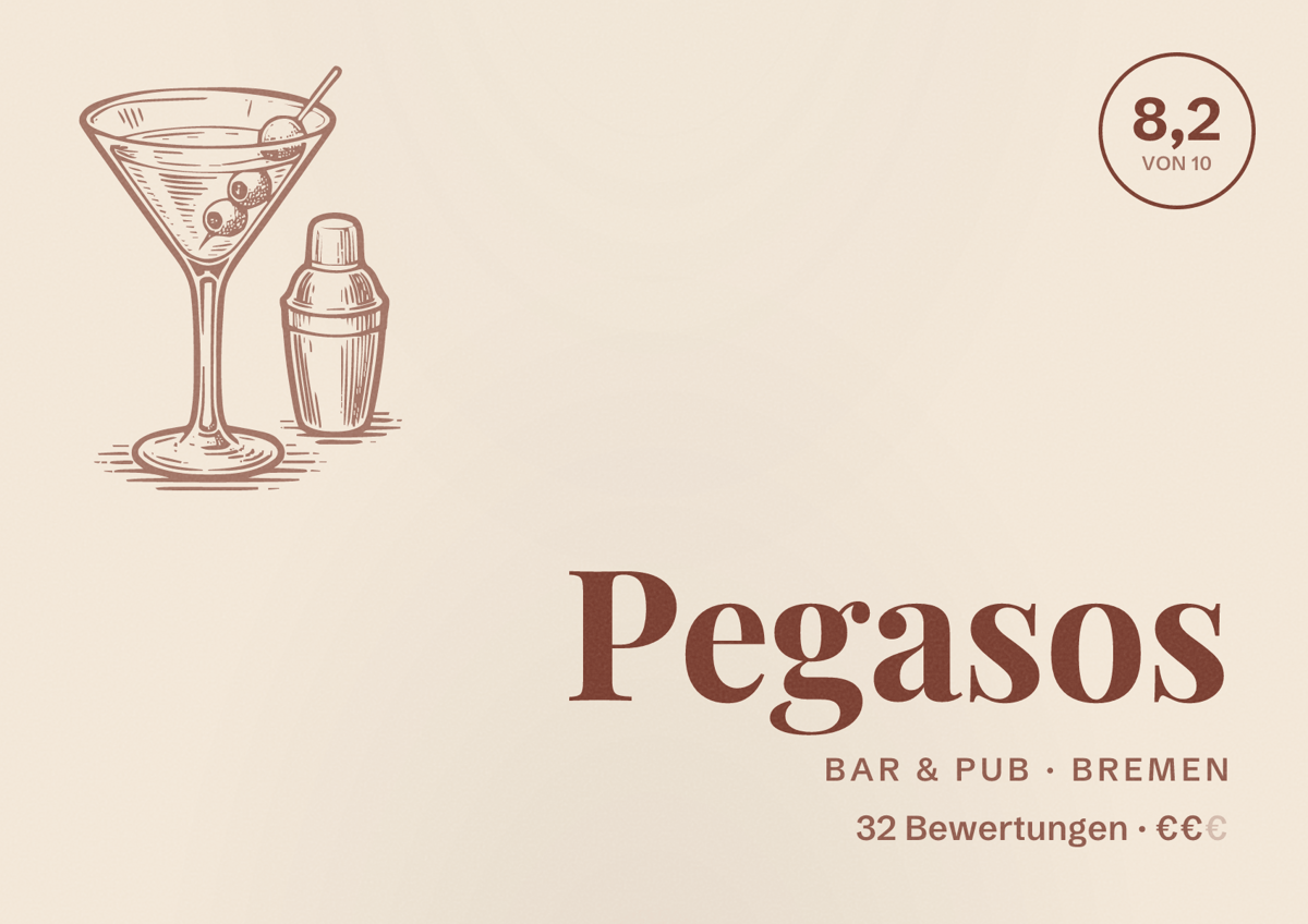 Illustriertes Poster von Pegasos, Bar & Pub in Bremen: Bewertung 8,2 von 10 aus 32 Bewertungen, Preisniveau €€