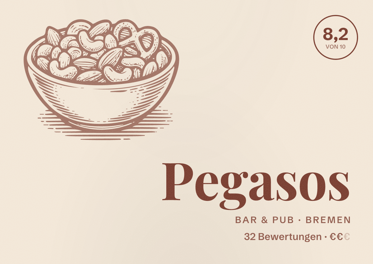Illustriertes Poster von Pegasos, Bar & Pub in Bremen: Bewertung 8,2 von 10 aus 32 Bewertungen, Preisniveau €€