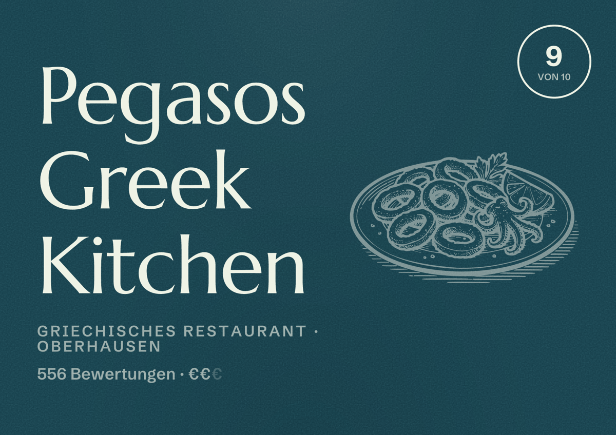 Illustriertes Poster von Pegasos Greek Kitchen, Griechisches Restaurant in Oberhausen: Bewertung 9 von 10 aus 556 Bewertungen, Preisniveau €€