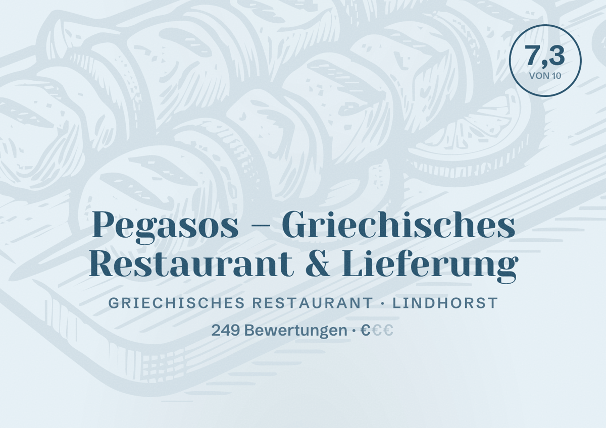 Illustriertes Poster von Pegasos – Griechisches Restaurant & Lieferung, Griechisches Restaurant in Lindhorst: Bewertung 7,3 von 10 aus 249 Bewertungen, Preisniveau €
