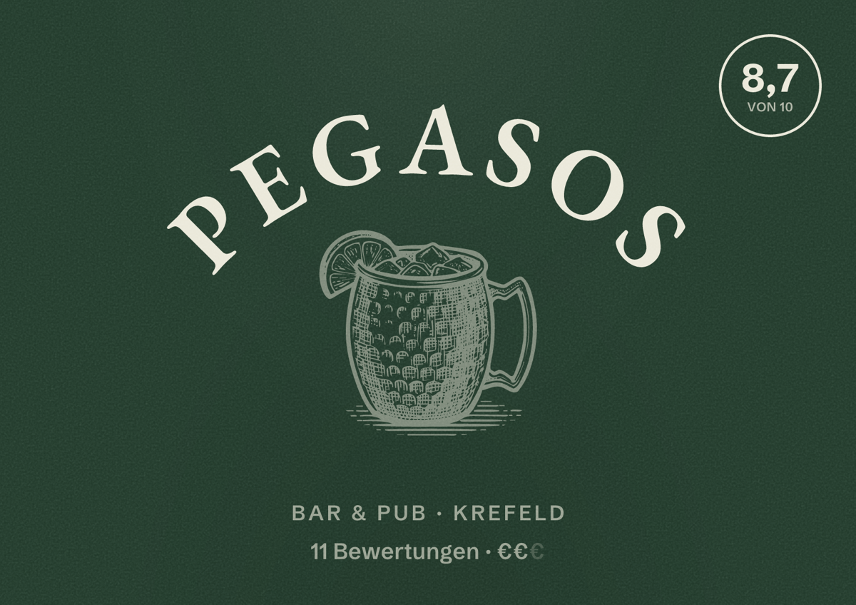 Illustriertes Poster von Pegasos, Bar & Pub in Krefeld: Bewertung 8,7 von 10 aus 11 Bewertungen, Preisniveau €€