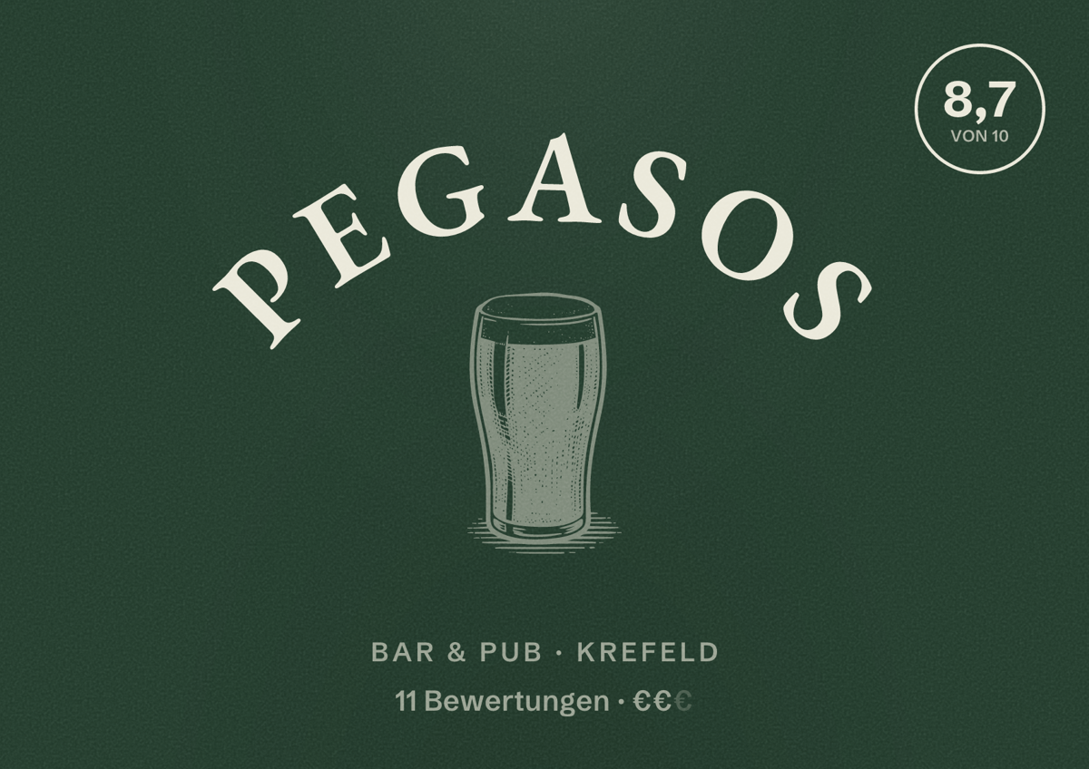 Illustriertes Poster von Pegasos, Bar & Pub in Krefeld: Bewertung 8,7 von 10 aus 11 Bewertungen, Preisniveau €€