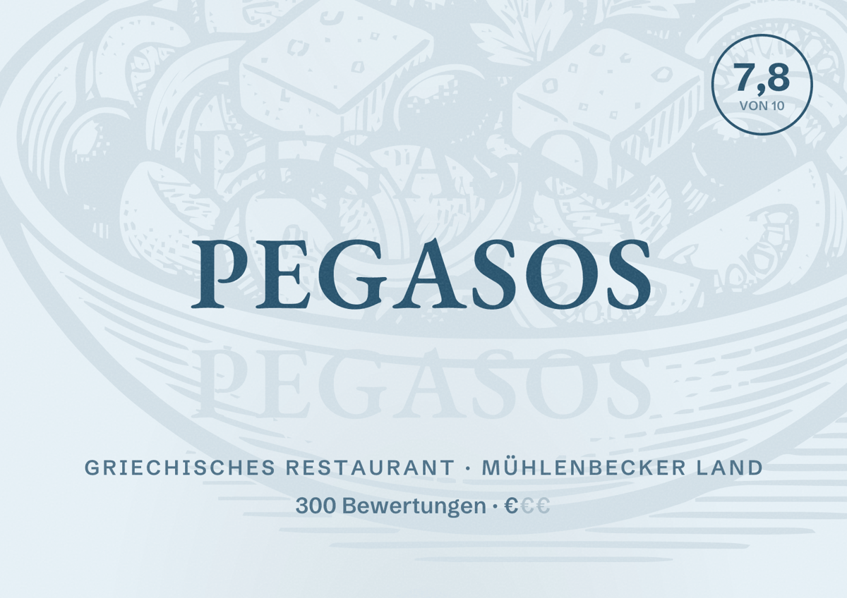 Illustriertes Poster von Pegasos, Griechisches Restaurant in Mühlenbecker Land: Bewertung 7,8 von 10 aus 300 Bewertungen, Preisniveau €