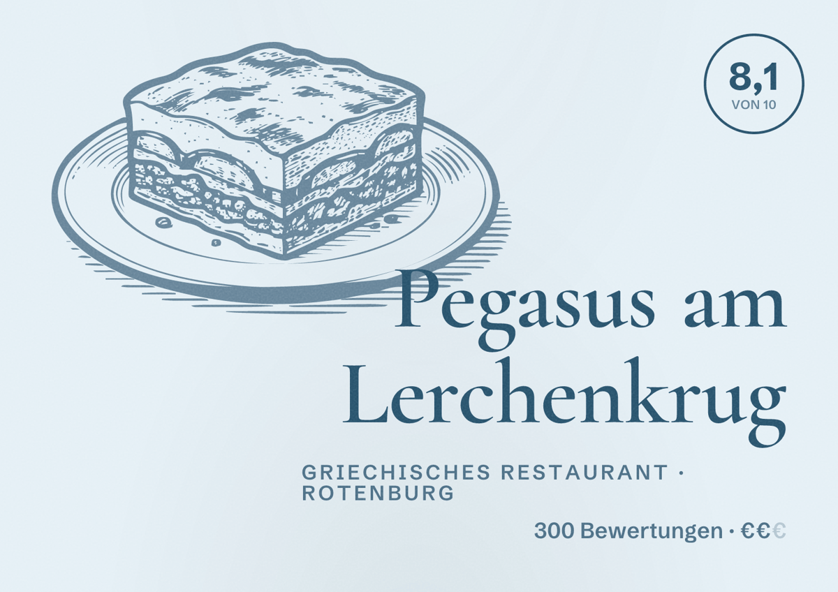 Illustriertes Poster von Pegasus am Lerchenkrug, Griechisches Restaurant in Rotenburg: Bewertung 8,1 von 10 aus 300 Bewertungen, Preisniveau €€