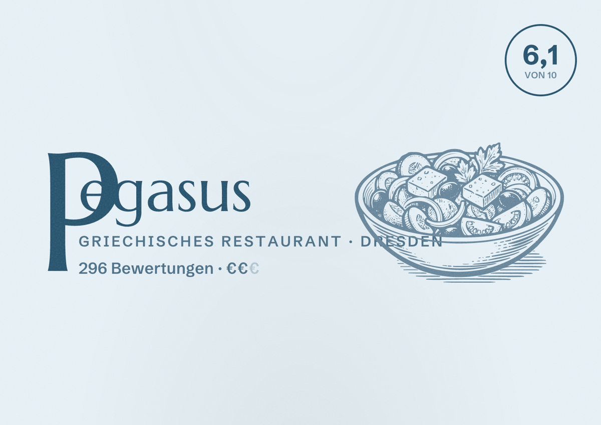 Illustriertes Poster von Pegasus, Griechisches Restaurant in Dresden: Bewertung 6,1 von 10 aus 296 Bewertungen, Preisniveau €€