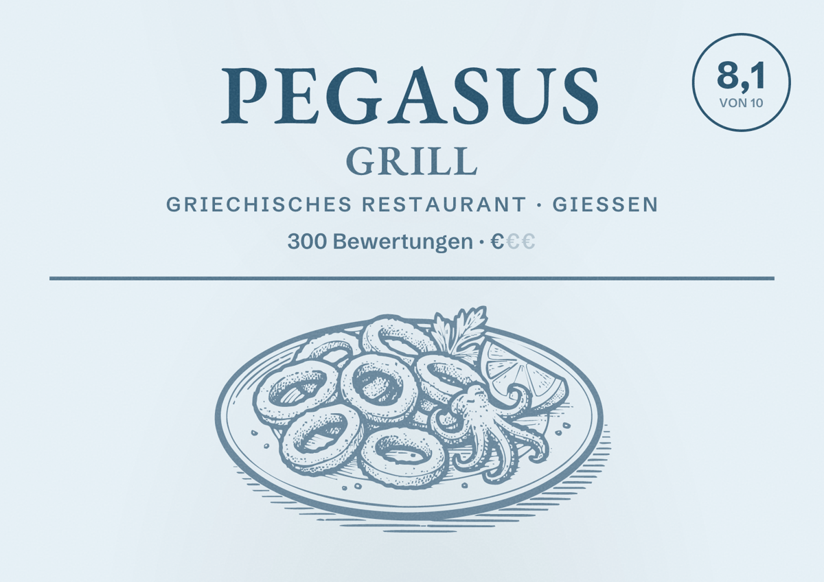 Illustriertes Poster von Pegasus Grill, Griechisches Restaurant in Gießen: Bewertung 8,1 von 10 aus 300 Bewertungen, Preisniveau €