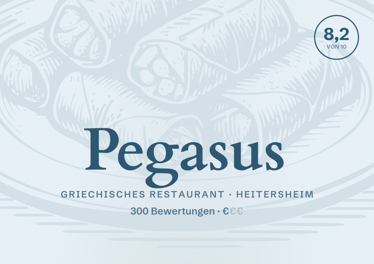 Illustriertes Poster von Pegasus, Griechisches Restaurant in Heitersheim: Bewertung 8,2 von 10 aus 300 Bewertungen, Preisniveau €