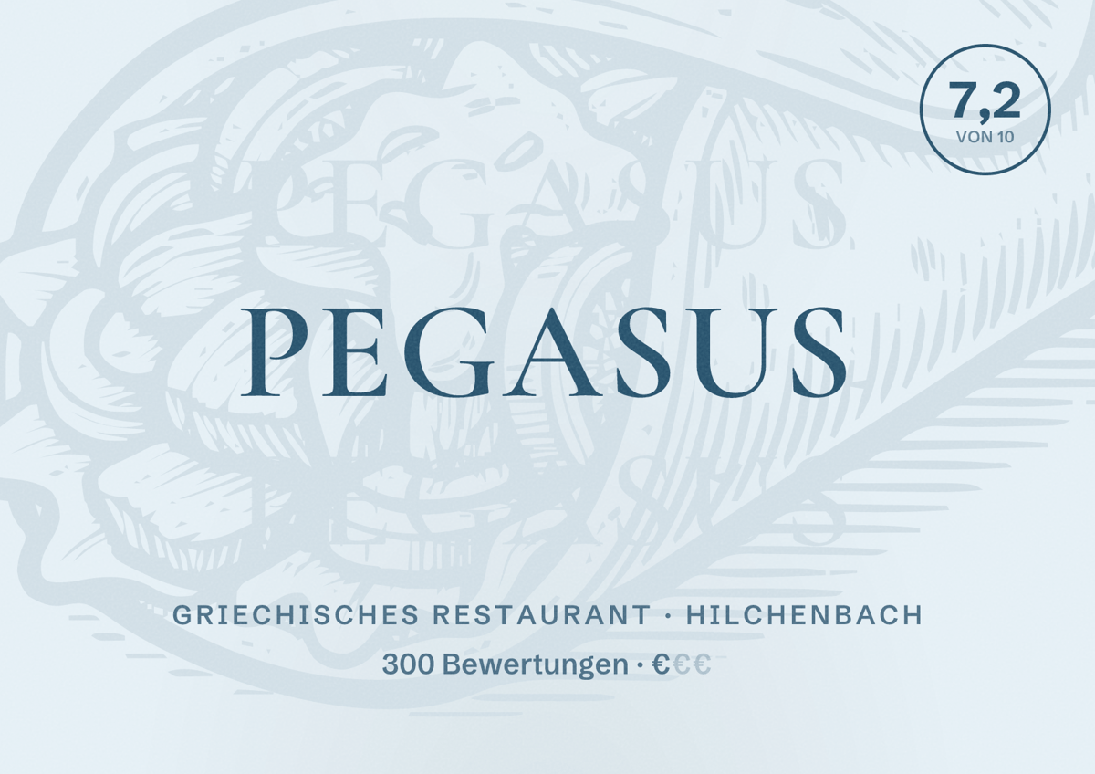 Illustriertes Poster von Pegasus, Griechisches Restaurant in Hilchenbach: Bewertung 7,2 von 10 aus 300 Bewertungen, Preisniveau €