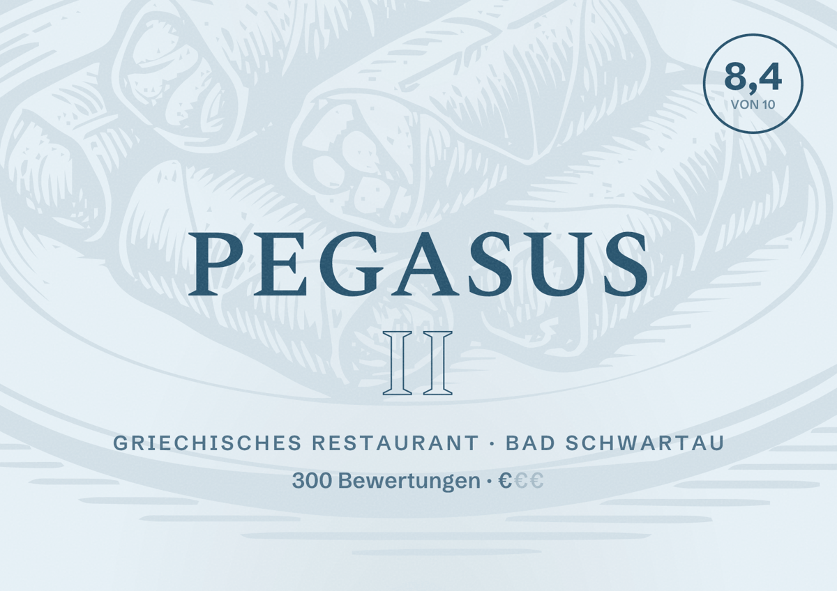 Illustriertes Poster von Pegasus II, Griechisches Restaurant in Bad Schwartau: Bewertung 8,4 von 10 aus 300 Bewertungen, Preisniveau €