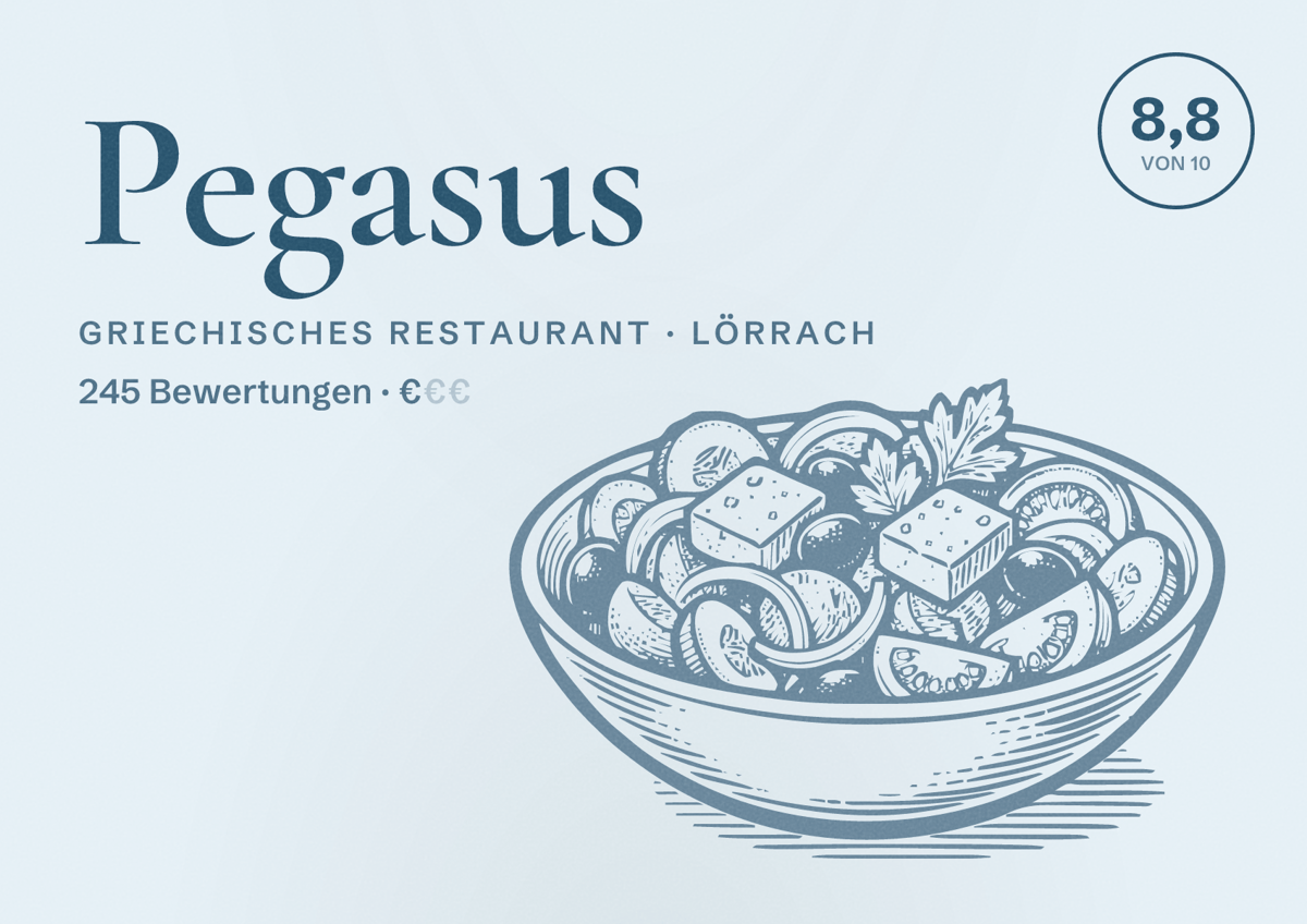 Illustriertes Poster von Pegasus, Griechisches Restaurant in Lörrach: Bewertung 8,8 von 10 aus 245 Bewertungen, Preisniveau €