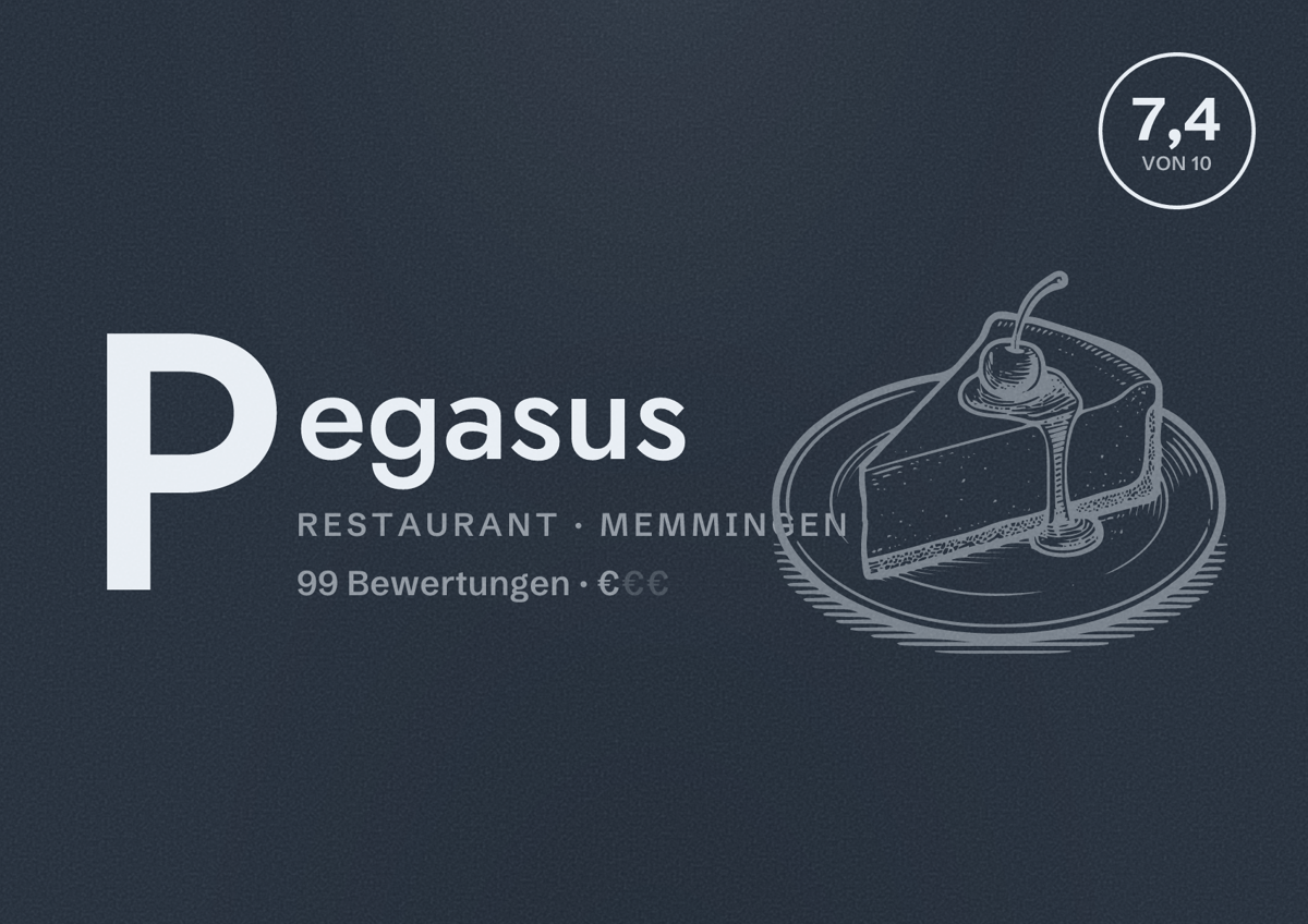Illustriertes Poster von Pegasus, Restaurant in Memmingen: Bewertung 7,4 von 10 aus 99 Bewertungen, Preisniveau €