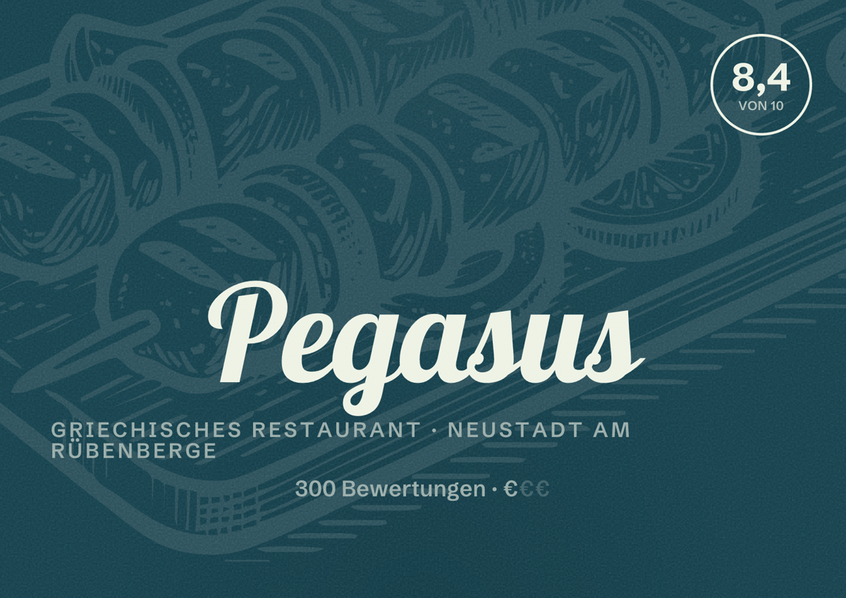 Illustriertes Poster von Pegasus, Griechisches Restaurant in Neustadt am Rübenberge: Bewertung 8,4 von 10 aus 300 Bewertungen, Preisniveau €