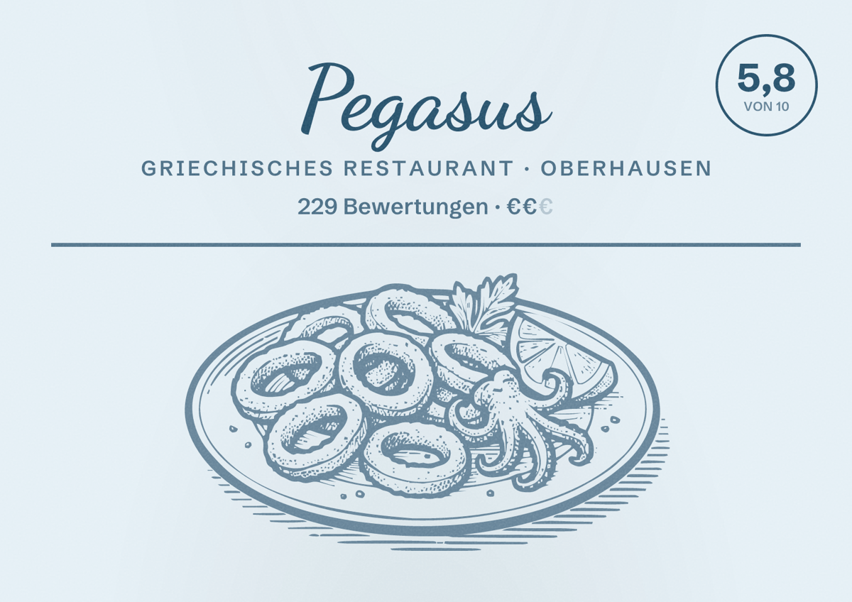 Illustriertes Poster von Pegasus, Griechisches Restaurant in Oberhausen: Bewertung 5,8 von 10 aus 229 Bewertungen, Preisniveau €€