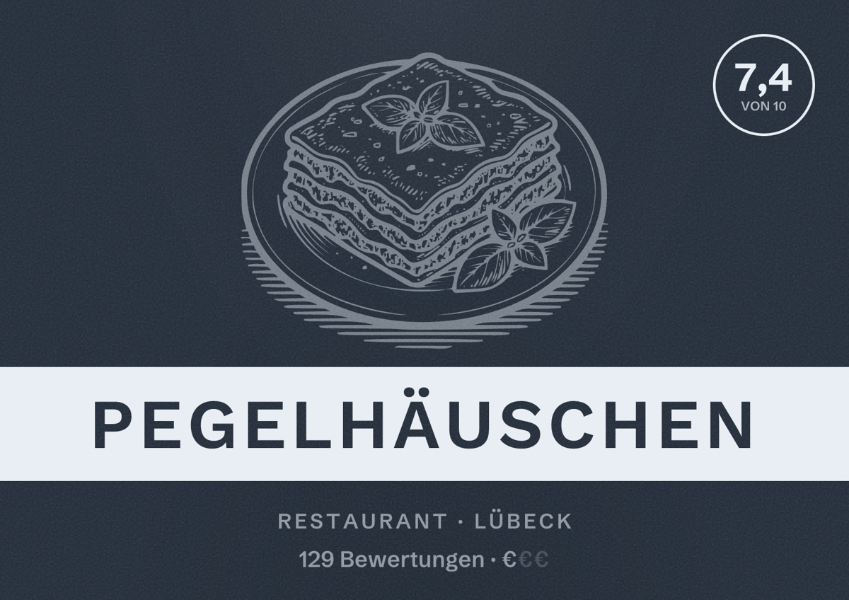 Illustriertes Poster von Pegelhäuschen, Restaurant in Lübeck: Bewertung 7,4 von 10 aus 129 Bewertungen, Preisniveau €