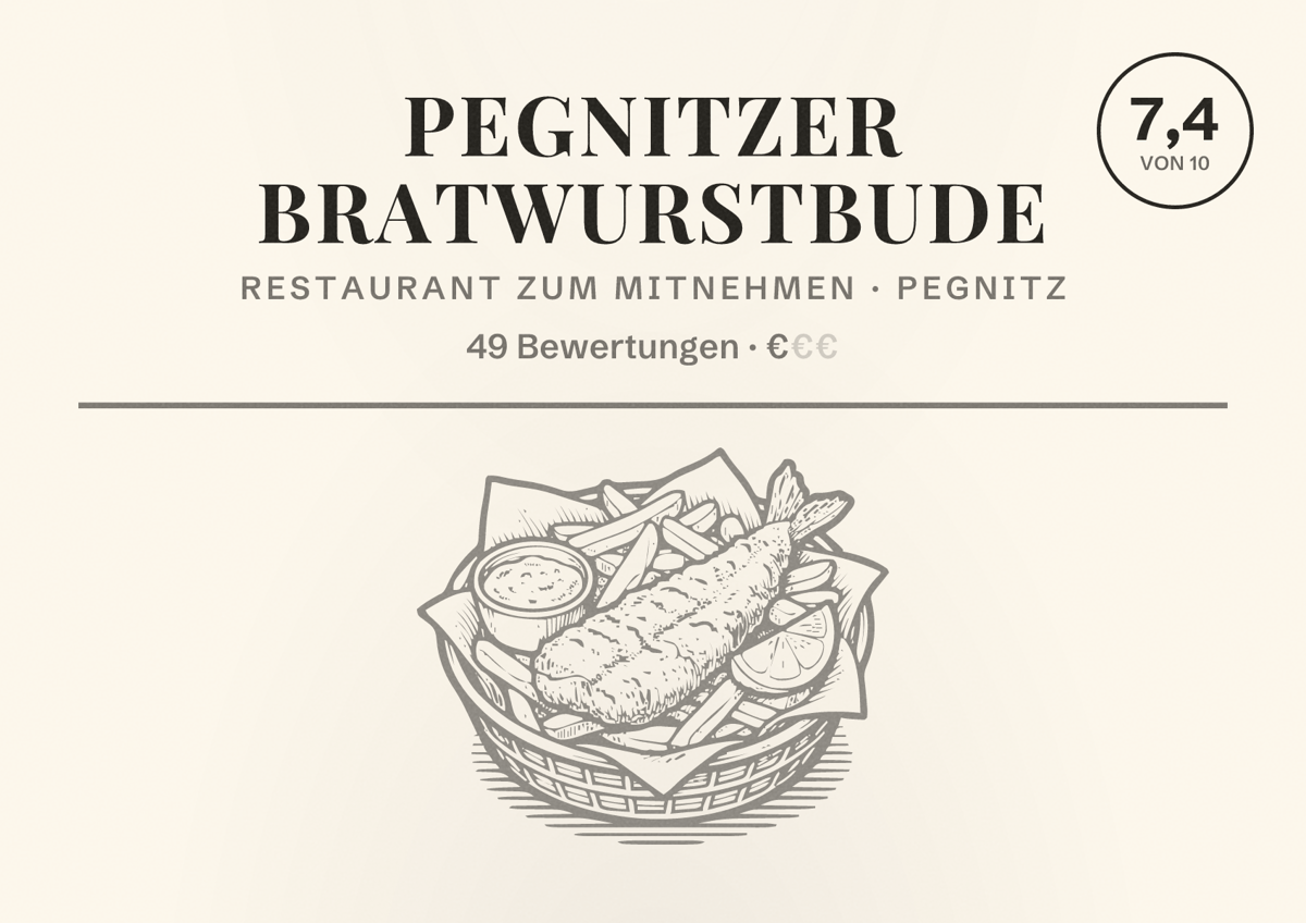 Illustriertes Poster von Pegnitzer Bratwurstbude, Restaurant zum Mitnehmen in Pegnitz: Bewertung 7,4 von 10 aus 49 Bewertungen, Preisniveau €
