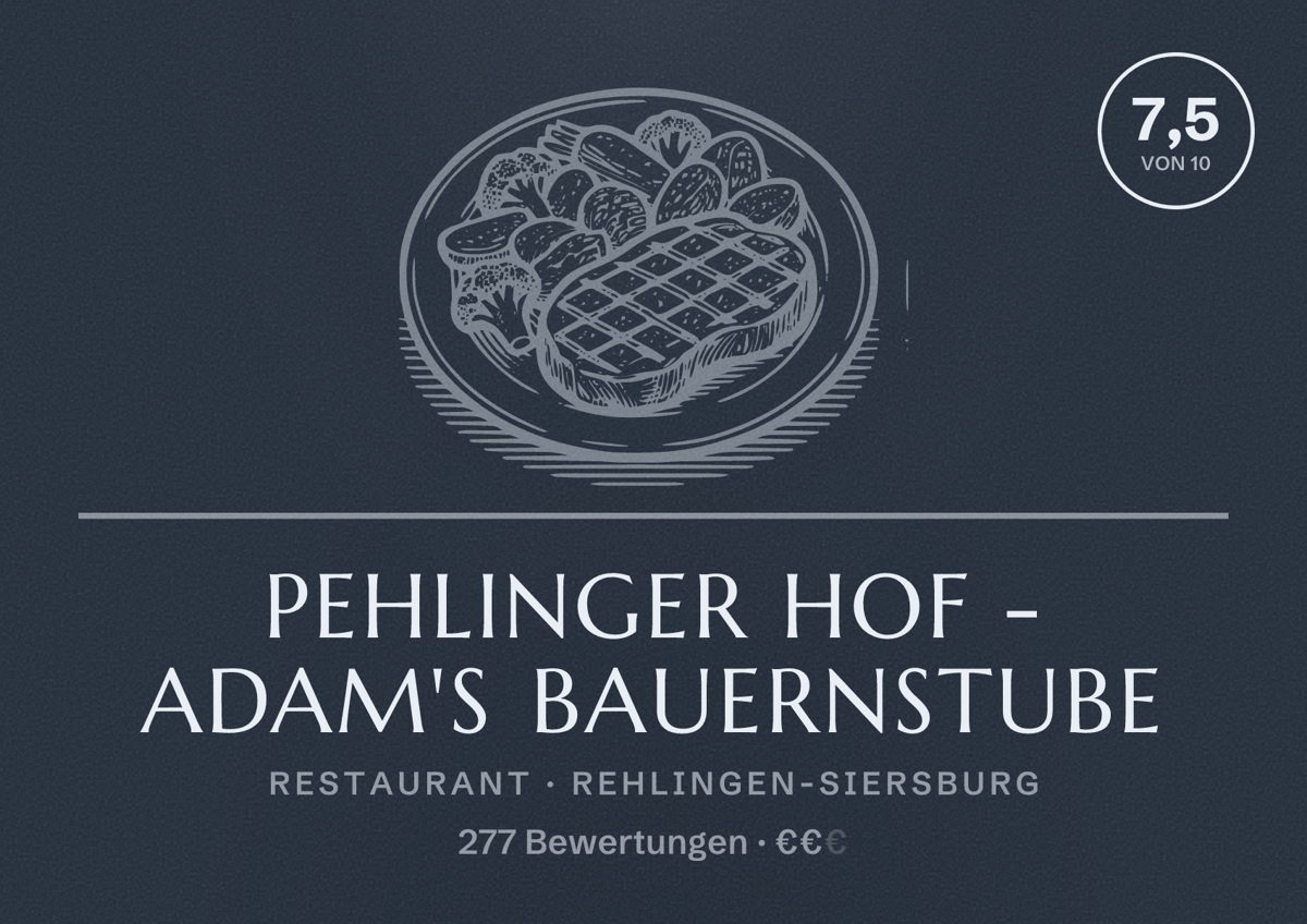 Illustriertes Poster von Pehlinger Hof - Adam's Bauernstube, Restaurant in Rehlingen-Siersburg: Bewertung 7,5 von 10 aus 277 Bewertungen, Preisniveau €€