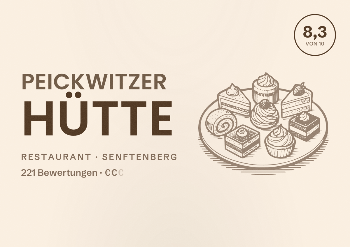 Illustriertes Poster von Peickwitzer Hütte, Restaurant in Senftenberg: Bewertung 8,3 von 10 aus 221 Bewertungen, Preisniveau €€