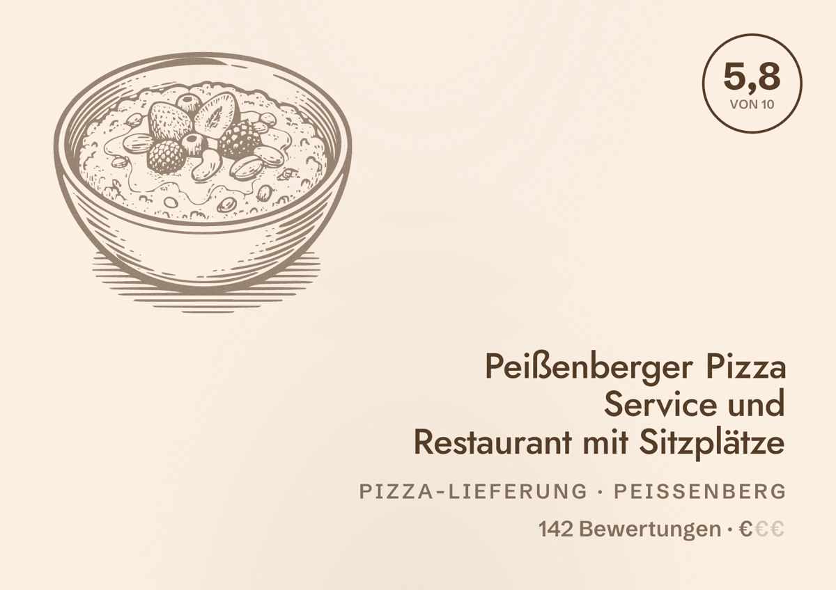 Illustriertes Poster von Peißenberger Pizza Service und Restaurant mit Sitzplätze, Pizza-Lieferung in Peißenberg: Bewertung 5,8 von 10 aus 142 Bewertungen, Preisniveau €