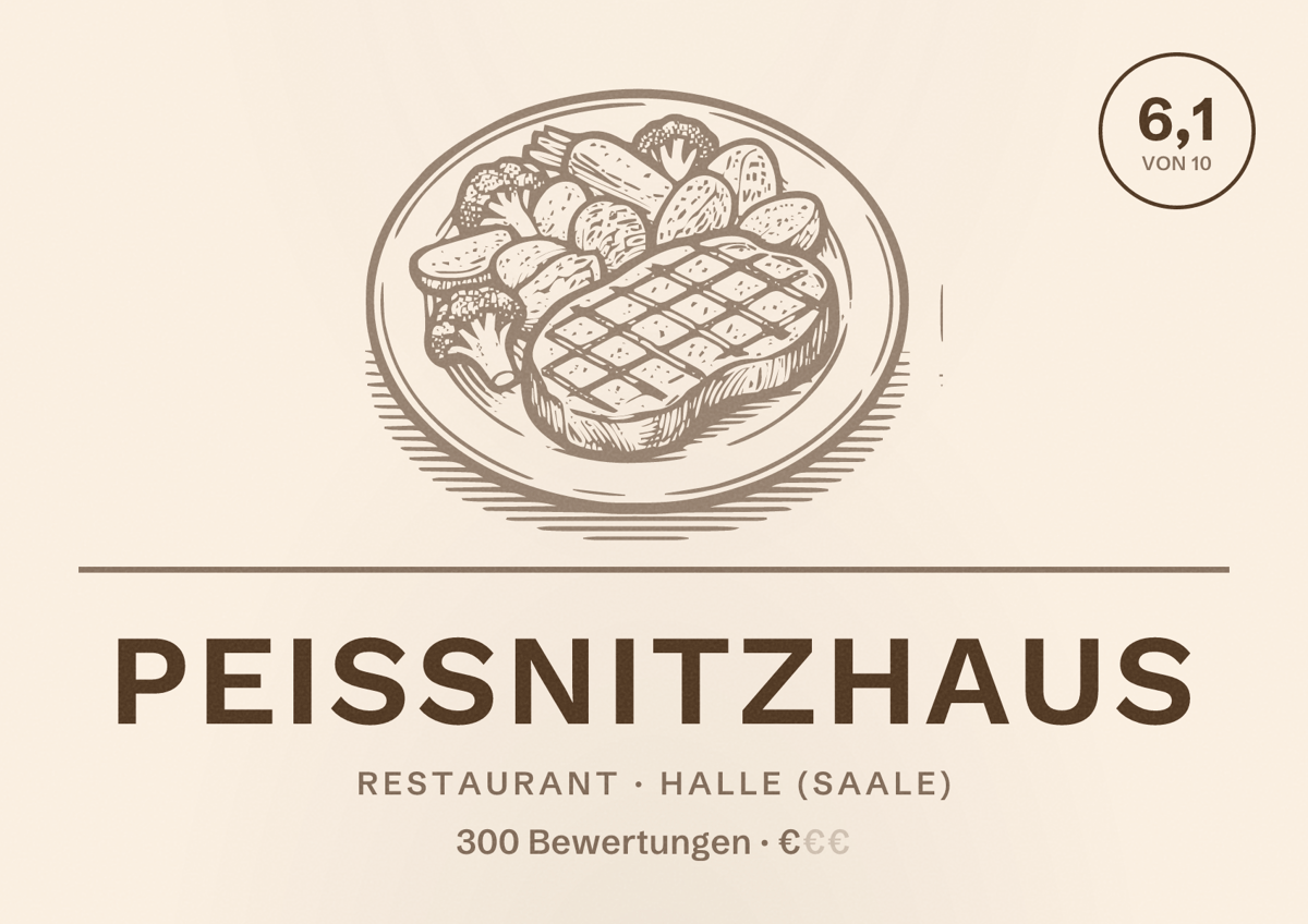 Illustriertes Poster von Peißnitzhaus, Restaurant in Halle (Saale): Bewertung 6,1 von 10 aus 300 Bewertungen, Preisniveau €